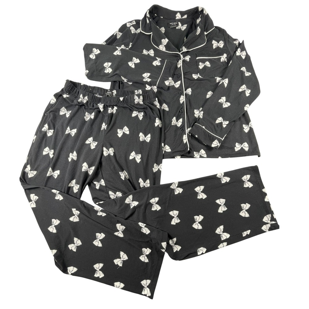 Kate Spade Pajama Set Womens Medium Black Bow Print Long Sleeve Button Down 2pc